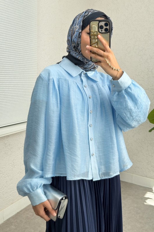 Plise Detaylı Oversize Gömlek 2391 - MAVİ