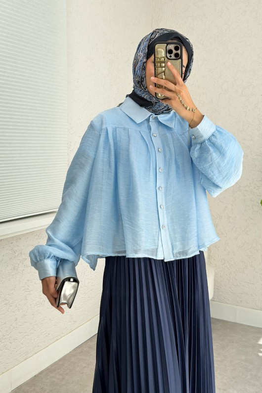 Plise Detaylı Oversize Gömlek 2391 - MAVİ