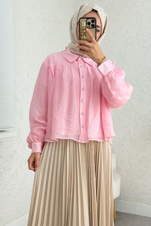 Plise Detaylı Oversize Gömlek 2391 - PEMBE