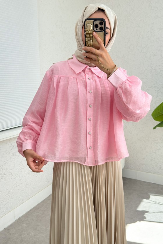 Plise Detaylı Oversize Gömlek 2391 - PEMBE