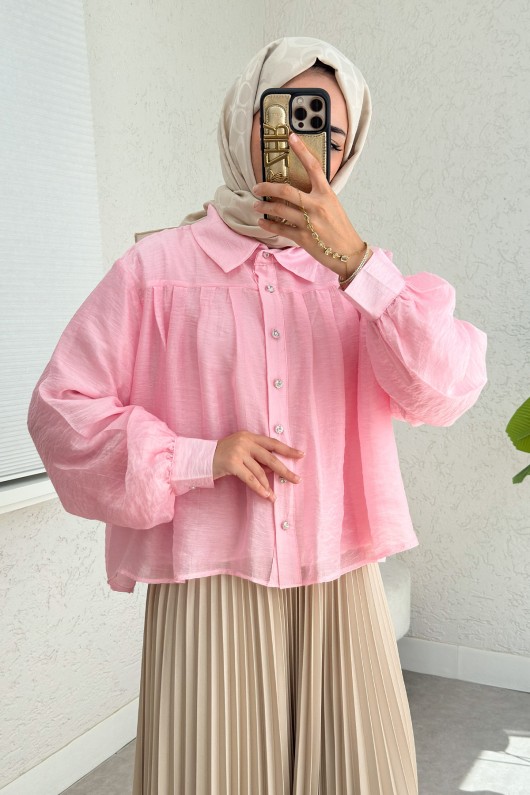 Plise Detaylı Oversize Gömlek 2391 - PEMBE