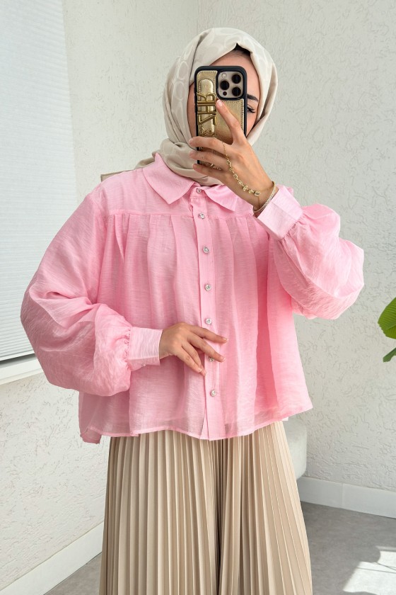Plise Detaylı Oversize Gömlek 2391 - PEMBE