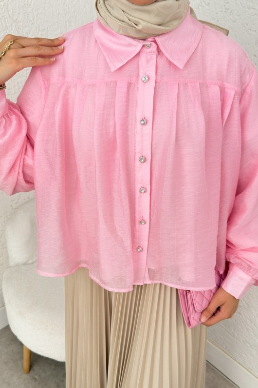 Plise Detaylı Oversize Gömlek 2391 - PEMBE