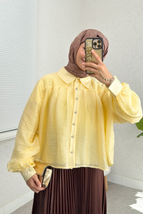 Plise Detaylı Oversize Gömlek 2391 - SARI