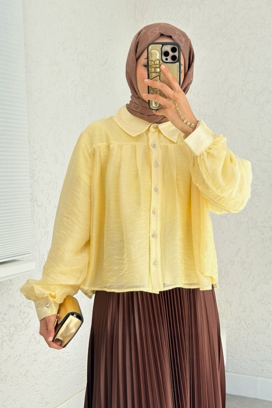 Plise Detaylı Oversize Gömlek 2391 - SARI