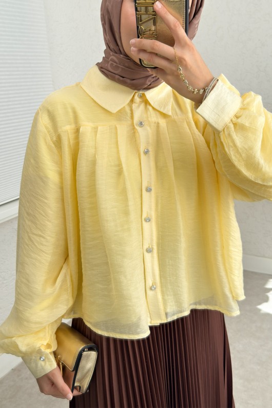 Plise Detaylı Oversize Gömlek 2391 - SARI