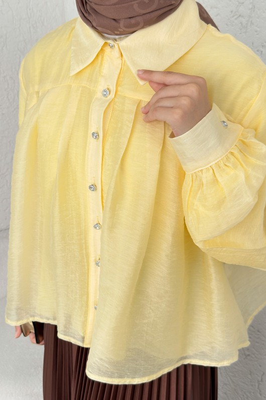 Plise Detaylı Oversize Gömlek 2391 - SARI