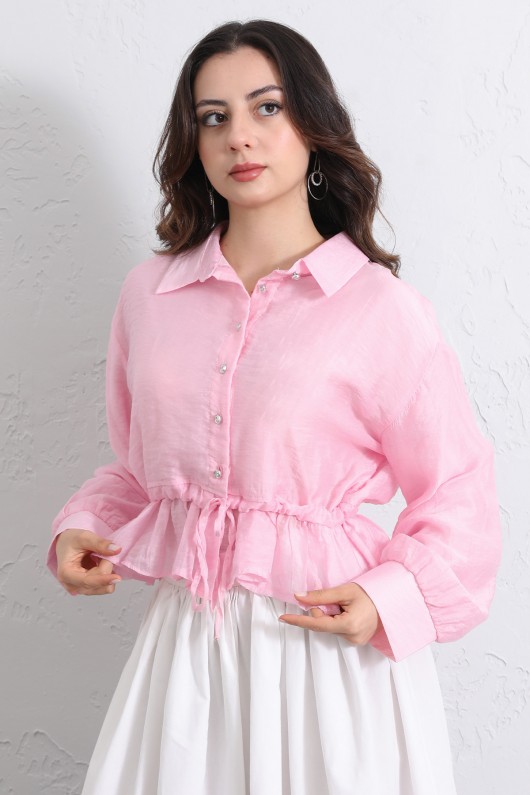 Bel Büzgülü Kısa Gömlek 2393 - PEMBE Bel Büzgülü Kısa Gömlek 2393 - PEMBE