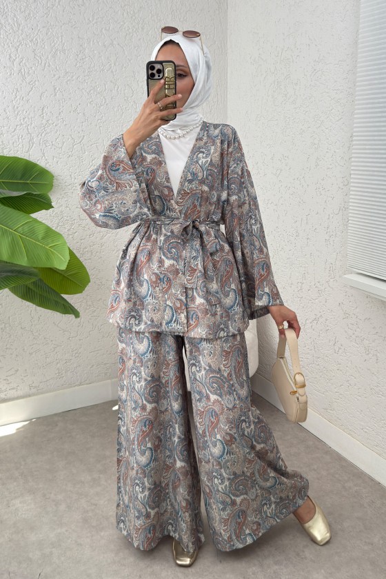 Şal Desen Kimono Takım 2395 - BEJ