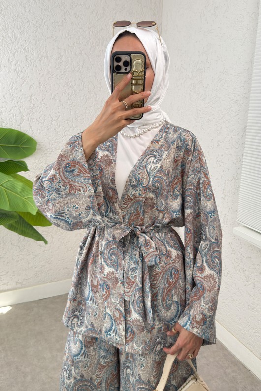Şal Desen Kimono Takım 2395 - BEJ Şal Desen Kimono Takım 2395 - BEJ