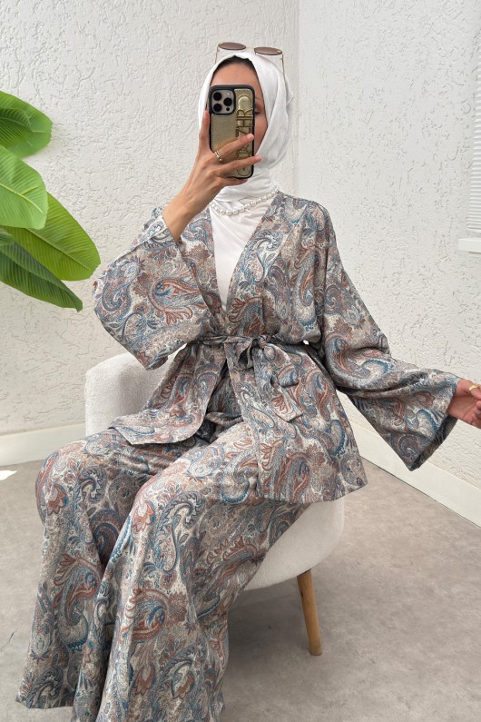 Şal Desen Kimono Takım 2395 - BEJ Şal Desen Kimono Takım 2395 - BEJ