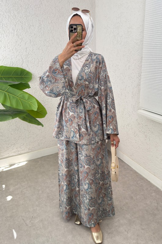 Şal Desen Kimono Takım 2395 - BEJ Şal Desen Kimono Takım 2395 - BEJ
