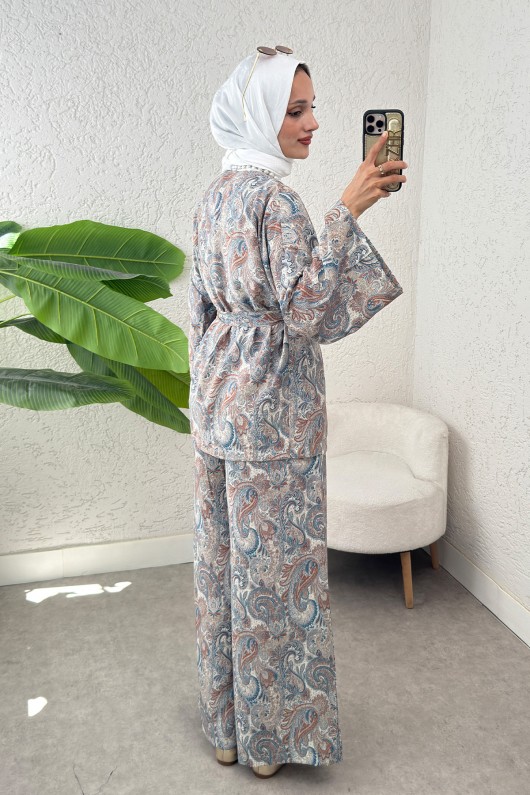 Şal Desen Kimono Takım 2395 - BEJ Şal Desen Kimono Takım 2395 - BEJ