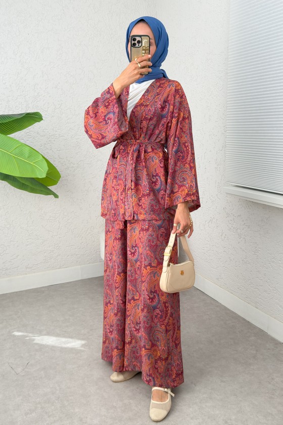 Şal Desen Kimono Takım 2395 - BORDO