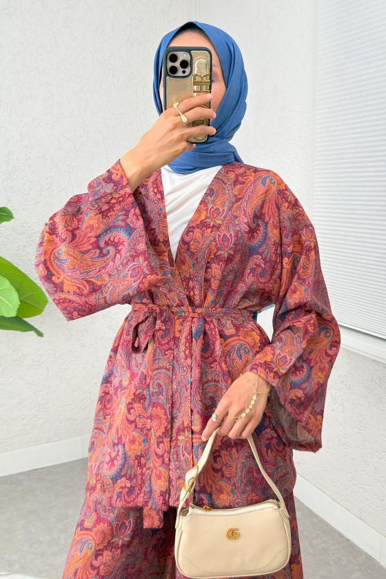 Şal Desen Kimono Takım 2395 - BORDO