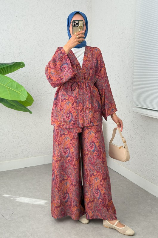Şal Desen Kimono Takım 2395 - BORDO Şal Desen Kimono Takım 2395 - BORDO