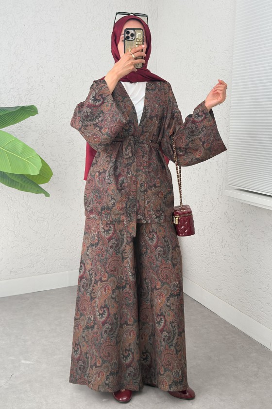 Şal Desen Kimono Takım 2395 - KOYU KAHVE