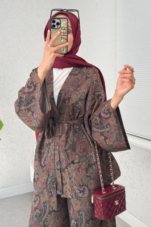 Şal Desen Kimono Takım 2395 - KOYU KAHVE