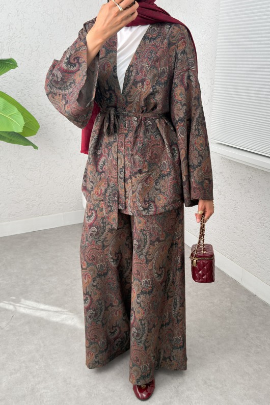 Şal Desen Kimono Takım 2395 - KOYU KAHVE