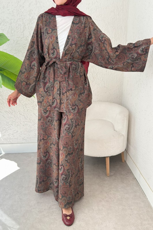 Şal Desen Kimono Takım 2395 - KOYU KAHVE