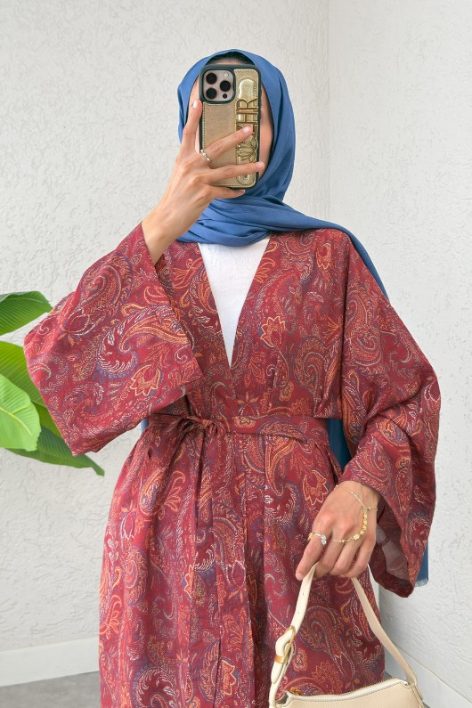 Şal Desen Uzun Kimono 2396 - BORDO