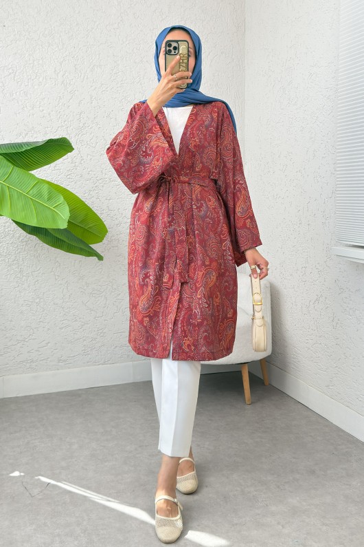 Şal Desen Uzun Kimono 2396 - BORDO
