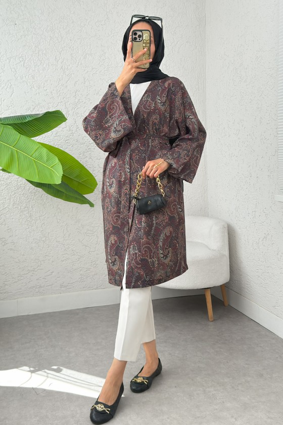 Şal Desen Uzun Kimono 2396 - KAHVERENGİ