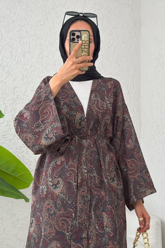 Şal Desen Uzun Kimono 2396 - KAHVERENGİ