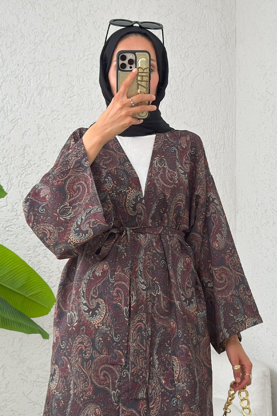 Şal Desen Uzun Kimono 2396 - KAHVERENGİ Şal Desen Uzun Kimono 2396 - KAHVERENGİ