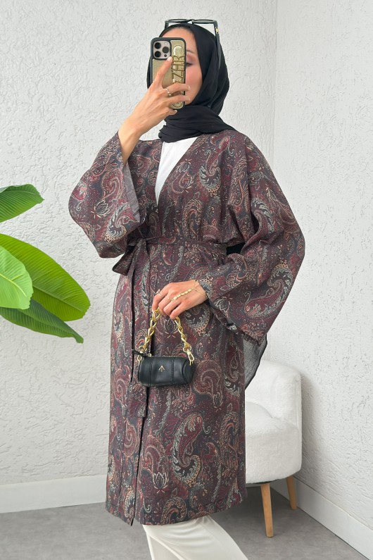 Şal Desen Uzun Kimono 2396 - KAHVERENGİ