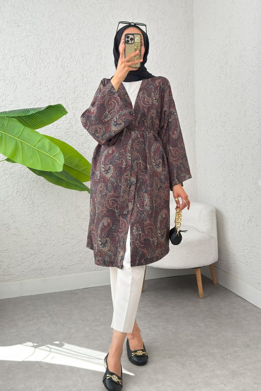 Şal Desen Uzun Kimono 2396 - KAHVERENGİ