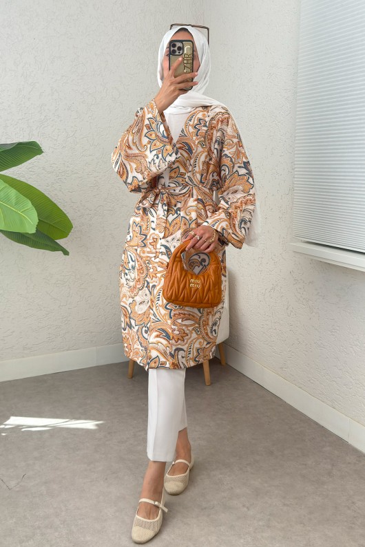 Etnik Desen Uzun Kimono 23961 - BEJ Etnik Desen Uzun Kimono 23961 - BEJ