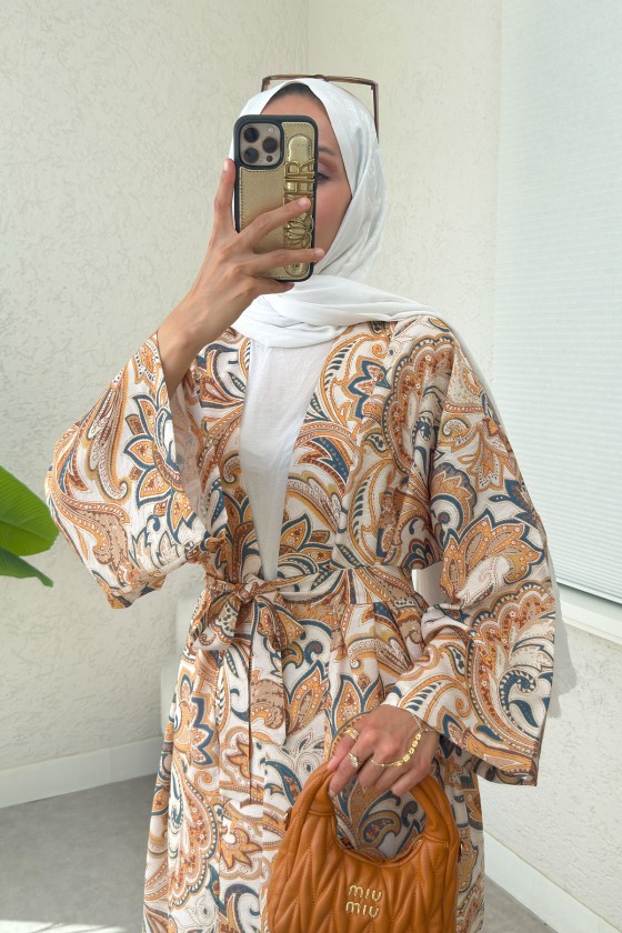 Etnik Desen Uzun Kimono 23961 - BEJ Etnik Desen Uzun Kimono 23961 - BEJ