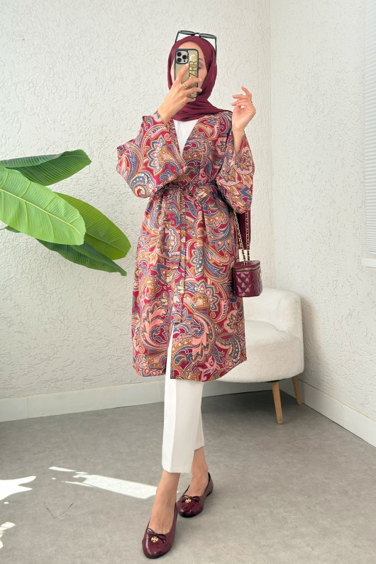 Etnik Desen Uzun Kimono 23961 - BORDO