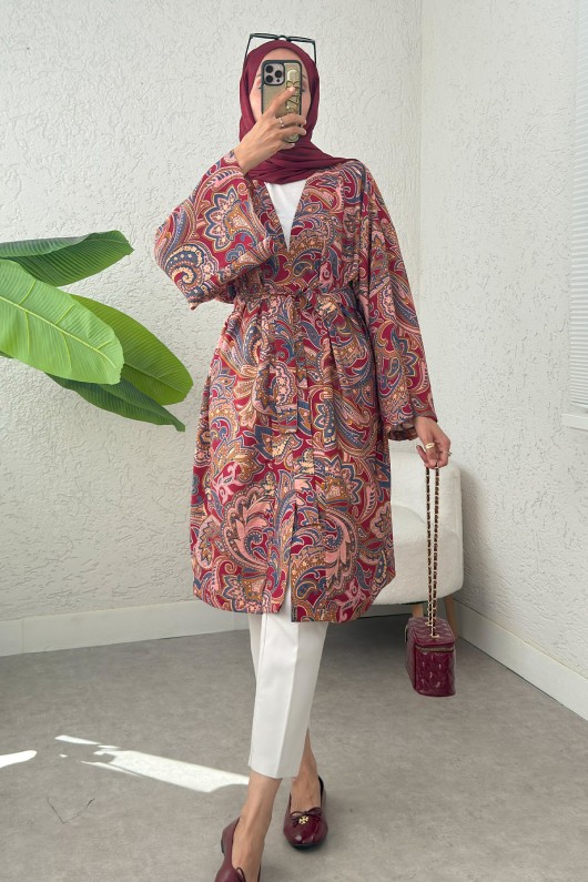 Etnik Desen Uzun Kimono 23961 - BORDO
