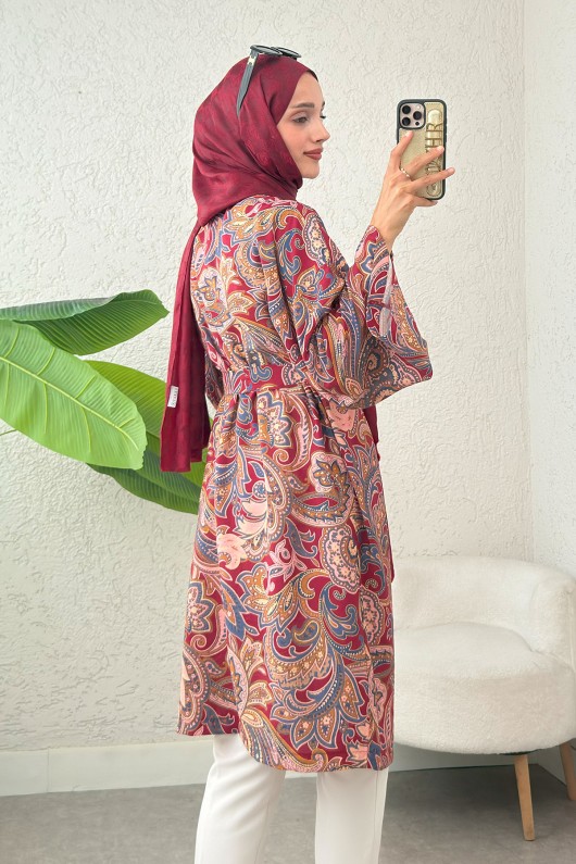 Etnik Desen Uzun Kimono 23961 - BORDO
