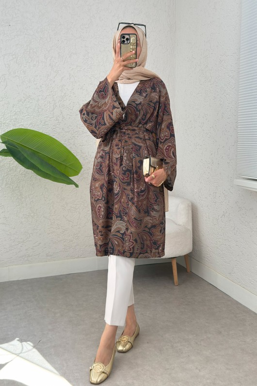 Etnik Desen Uzun Kimono 23961 - KOYU KAHVE