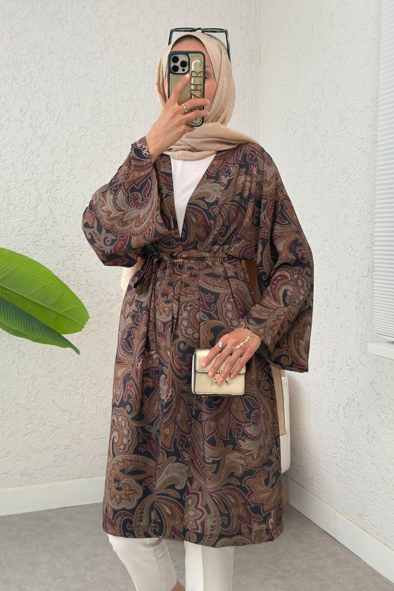 Etnik Desen Uzun Kimono 23961 - KOYU KAHVE