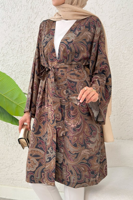 Etnik Desen Uzun Kimono 23961 - KOYU KAHVE