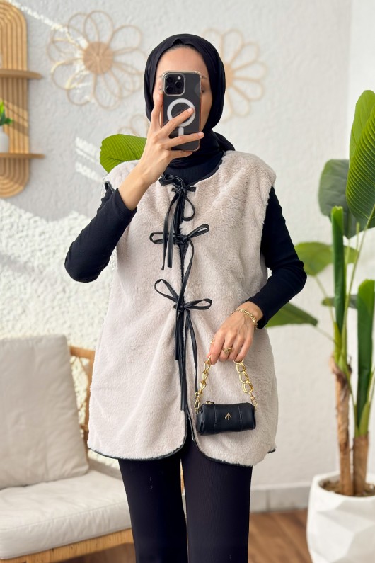 Deri Biyeli Toscana Yelek 24110 - TAŞ RENGİ Deri Biyeli Toscana Yelek 24110 - TAŞ RENGİ