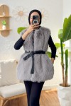 Kuşaklı Peluş Yelek 24113 - GRİ