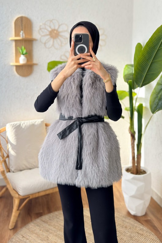 Kuşaklı Peluş Yelek 24113 - GRİ
