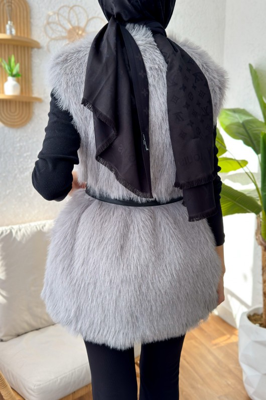 Kuşaklı Peluş Yelek 24113 - GRİ