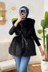 Kuşaklı Peluş Yelek 24113 - SİYAH
