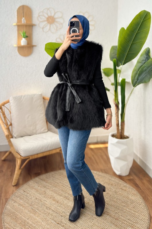 Kuşaklı Peluş Yelek 24113 - SİYAH