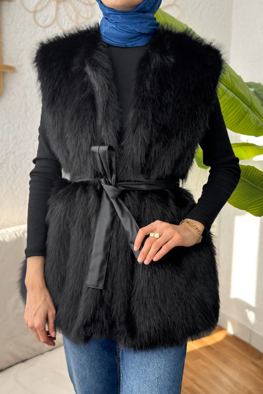 Kuşaklı Peluş Yelek 24113 - SİYAH