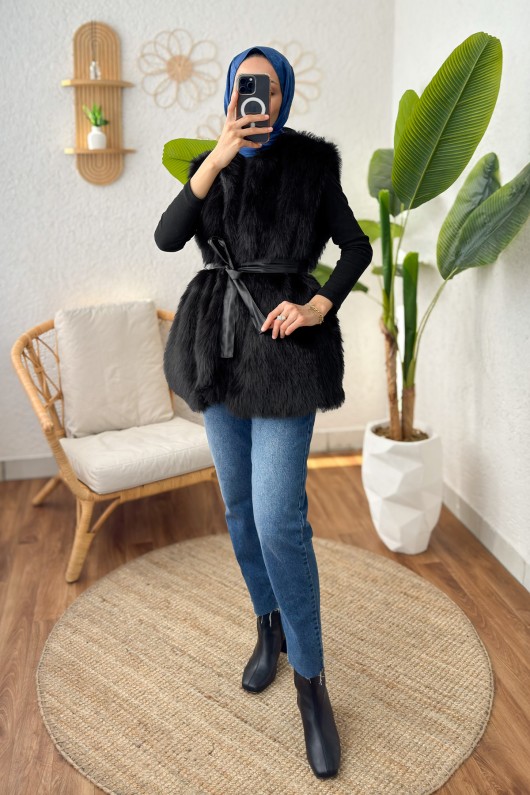 Kuşaklı Peluş Yelek 24113 - SİYAH