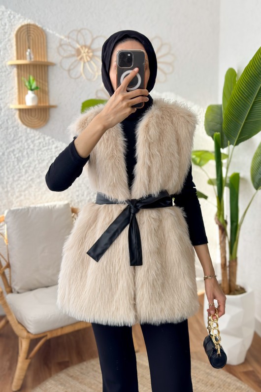 Kuşaklı Peluş Yelek 24113 - TAŞ RENGİ Kuşaklı Peluş Yelek 24113 - TAŞ RENGİ