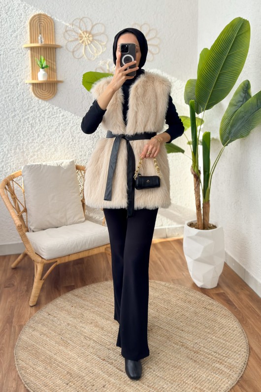 Kuşaklı Peluş Yelek 24113 - TAŞ RENGİ Kuşaklı Peluş Yelek 24113 - TAŞ RENGİ