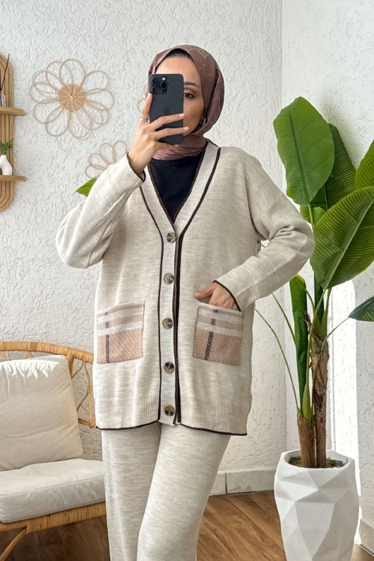 Hırkalı Triko Takım 24116 - TAŞ RENGİ